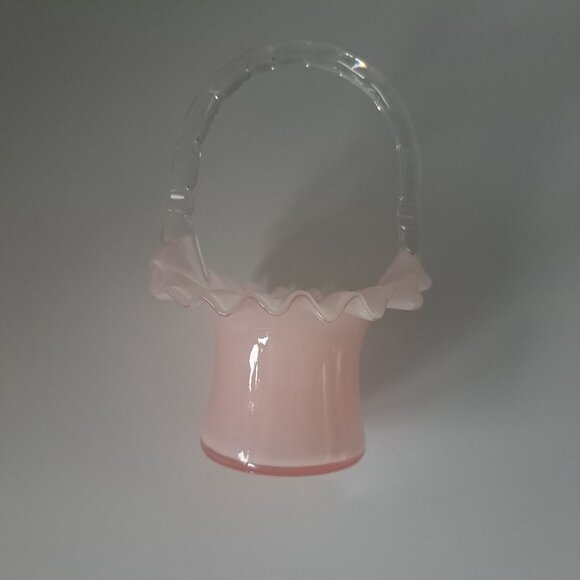 Fenton Overlay Pink Handled Glass Basket With Ruffled Edge - Picture 9 of 16